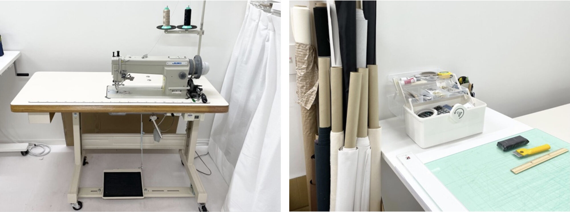 分厚い布も綺麗に縫えるよう足踏みミシンを使用 / 精密な縫製をサポートする道具類