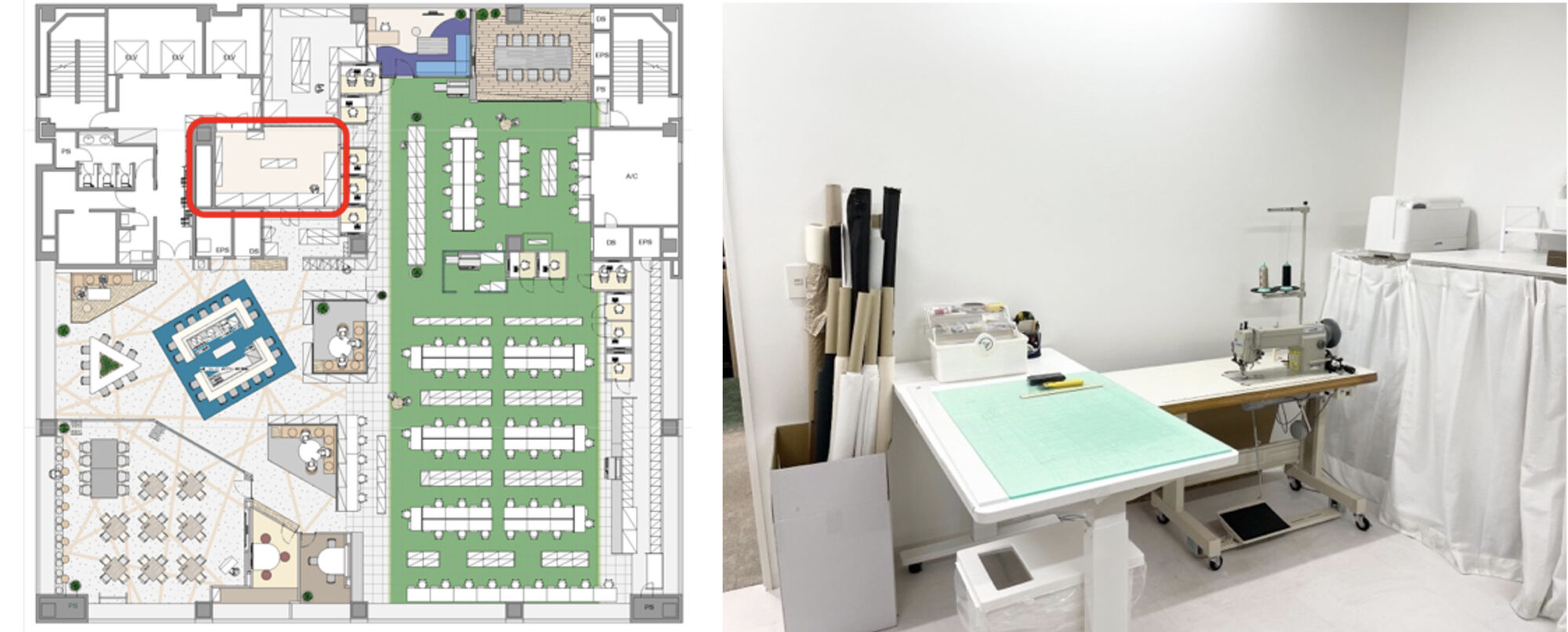 赤印の位置に社内試作スペースを設置 / 白を基調とした試作スペース