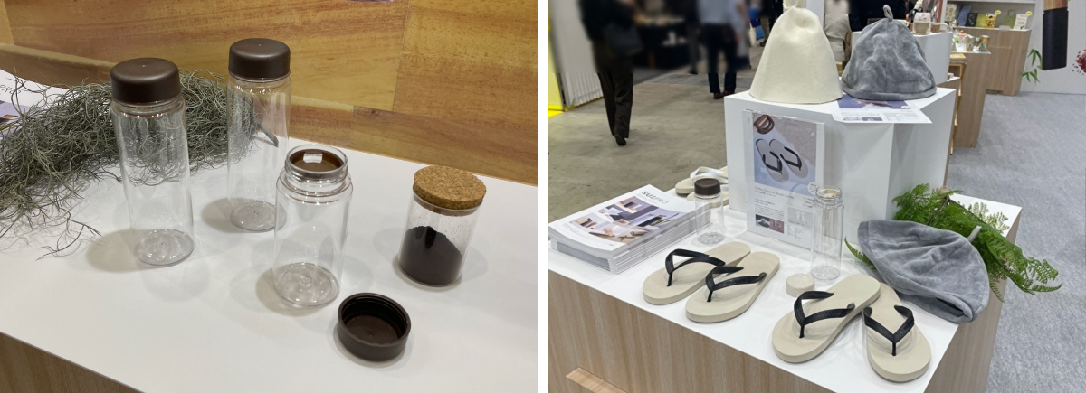 (左)蓋部分にコーヒー粉を使用したクリアボトル /(右)季節のトレンドを捉えたエコアイテム