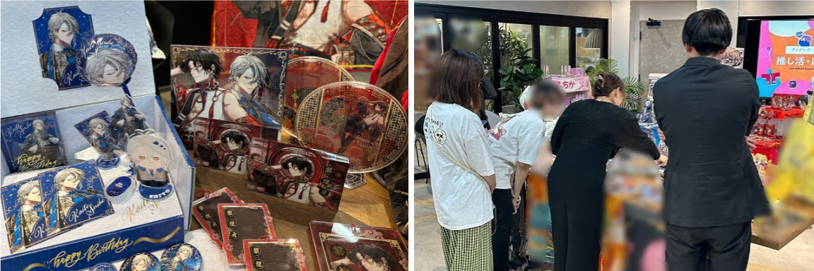(左)組み立て式のアクリルスタンドを展示 /(右)実際に気になったアイテムを手に取ってもらう様子