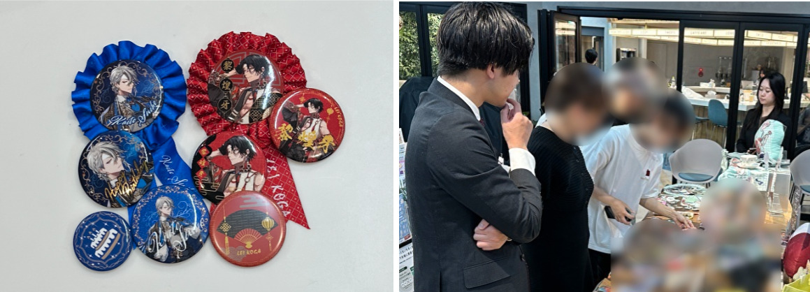 (左)ラメ・マット加工の缶バッジとロゼット缶バッジ /(右)グッズアイデアのご相談をいただく様子