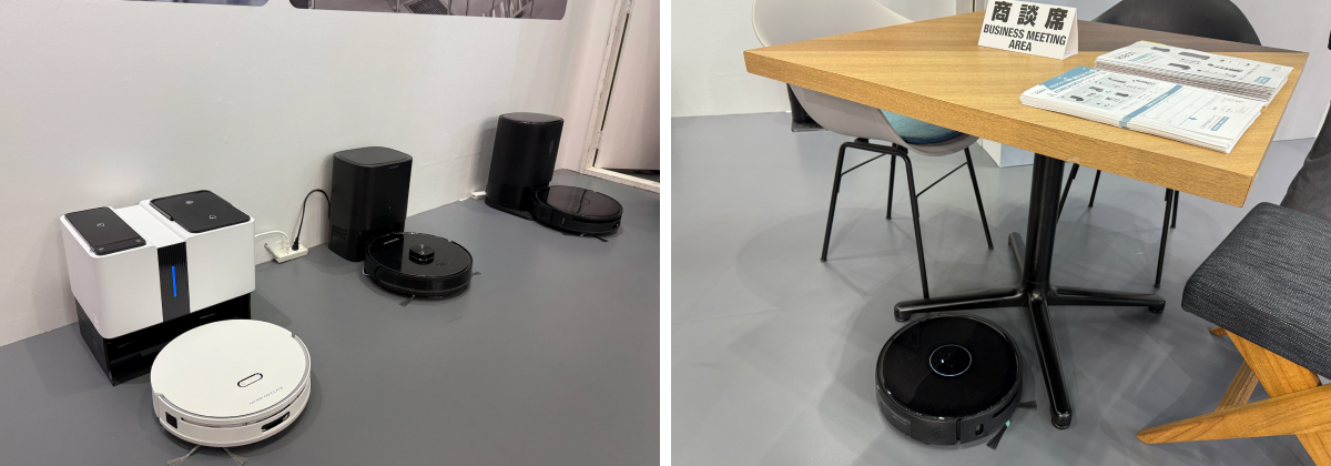 （左）3種のロボットを実演展示 / （右）コンパクト設計で、机の支柱ギリギリまで清掃可能