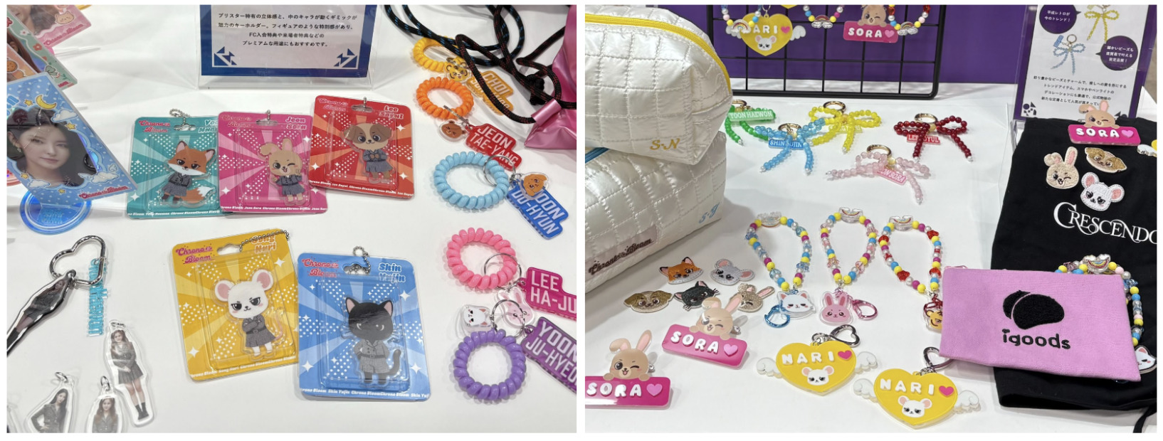 (左)中のキャラが動くギミックが魅力のブリスターキーホルダー/(右)ビーズのリボン型ストラップ
