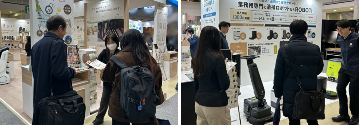 今回当社が展示したのは、エコなアメニティや備品、オリジナルグッズ制作を行う『SUSPRO(サスプロ)』と業務用清掃ロボットを展開する『ROBOTI(ロボティ)』の2つのブランド。