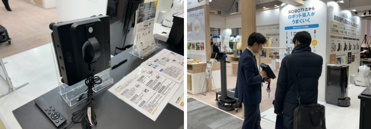 (左)取手が付いて持ちやすい窓拭きロボット /(右)ロボットについてご説明する様子