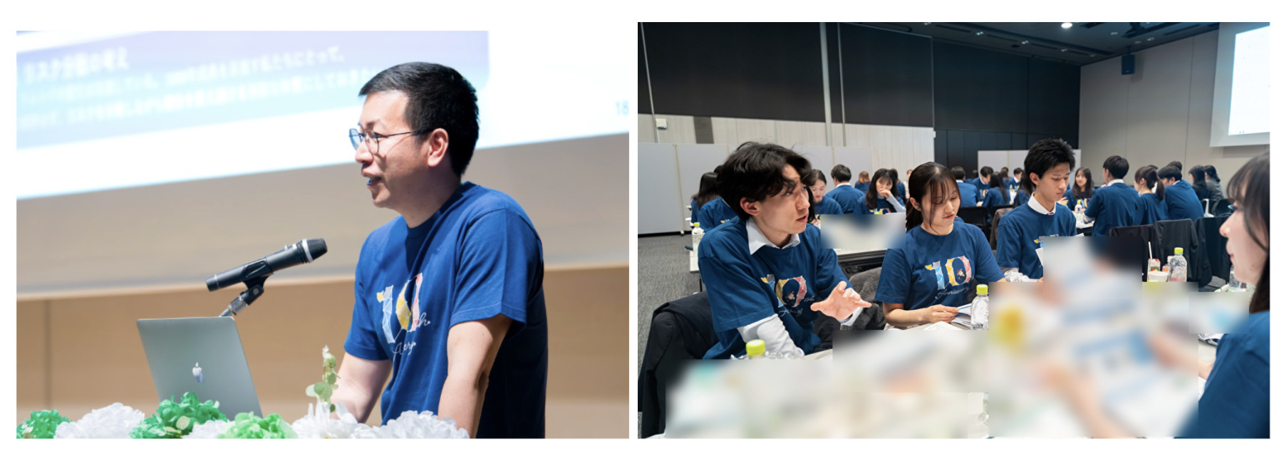 （左）代表から10年後を見据えた施策を共有/（右）共有後、経営陣を含めたグループ単位での話し合い