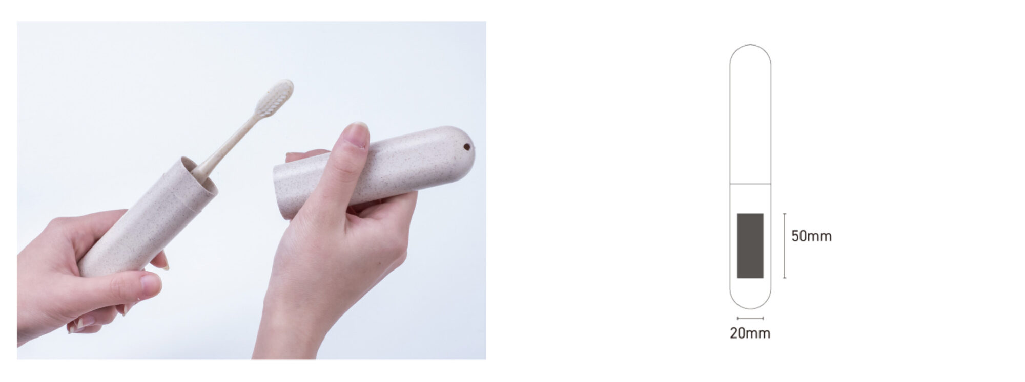 （左）別途発売のSUS amenityの歯ブラシがすっぽり入る / （右）オリジナルのロゴ入れも可能