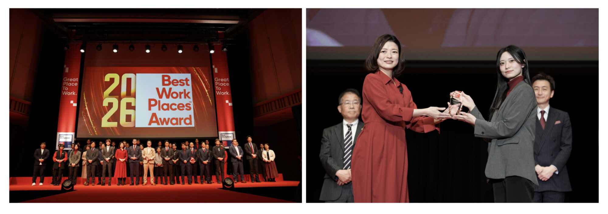 （左）Best Workplaces Award 2026 小規模部門企業の登壇/（右）5回選出企業として記念盾の贈呈