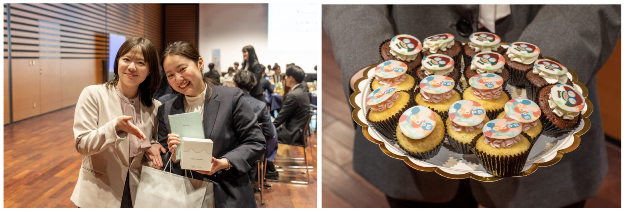 （左）エルターからプレゼントを受け取るエルティー／（右）当社マスコットキャラクターアイくんとSCOPE仕様のオリジナルカップケーキ